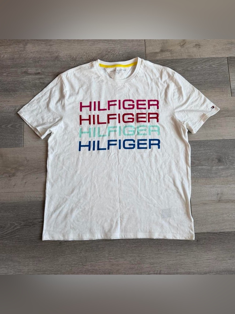 New Tommy Hilfiger White Tee with Multicolored Hilfiger Stack men large preppy